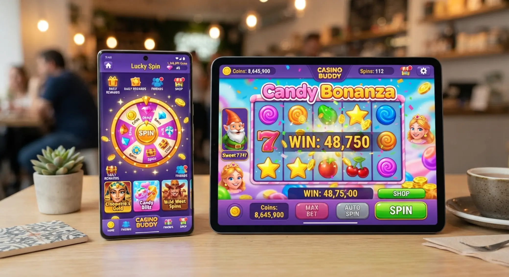 Ekran social casino z wirtualnymi monetami i kołem fortuny