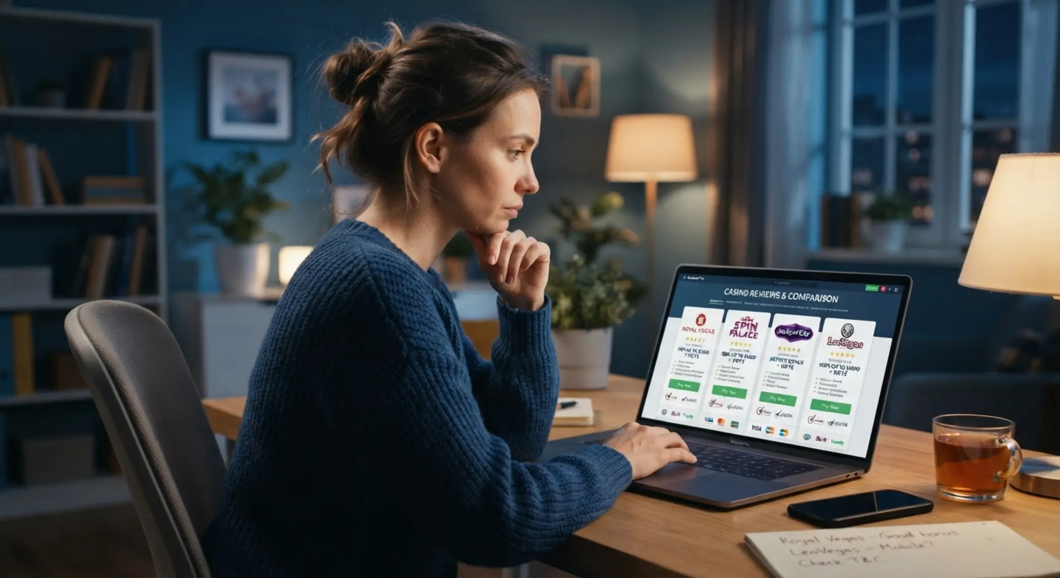 Porównanie kasyn online przed wyborem Gracz porównujący różne kasyna online na ekranie