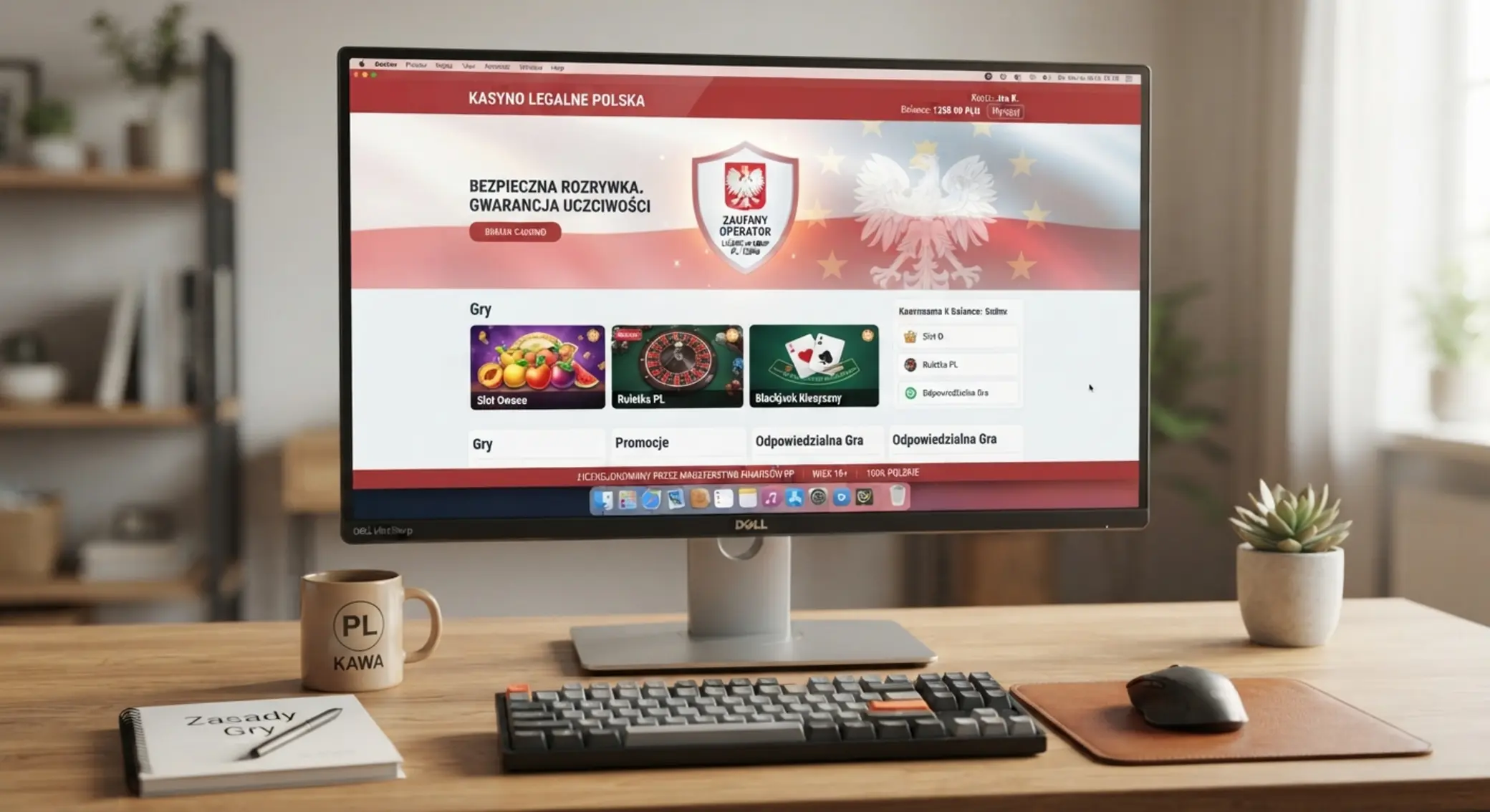 Ekran komputera z symbolem legalności i polskimi barwami