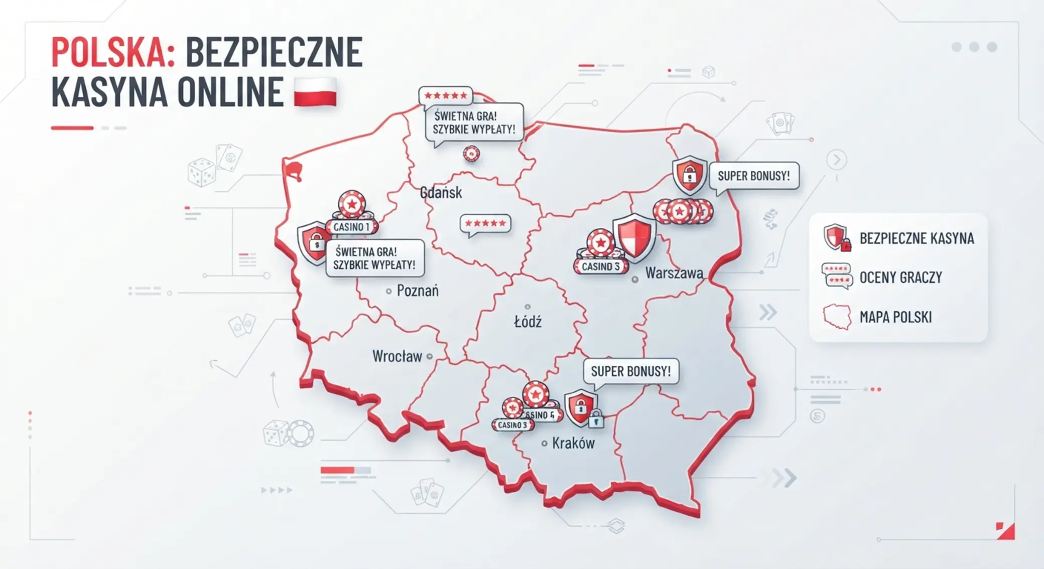 Mapa Polski z ikonami kasyn online, bezpieczeństwa i opinii graczy