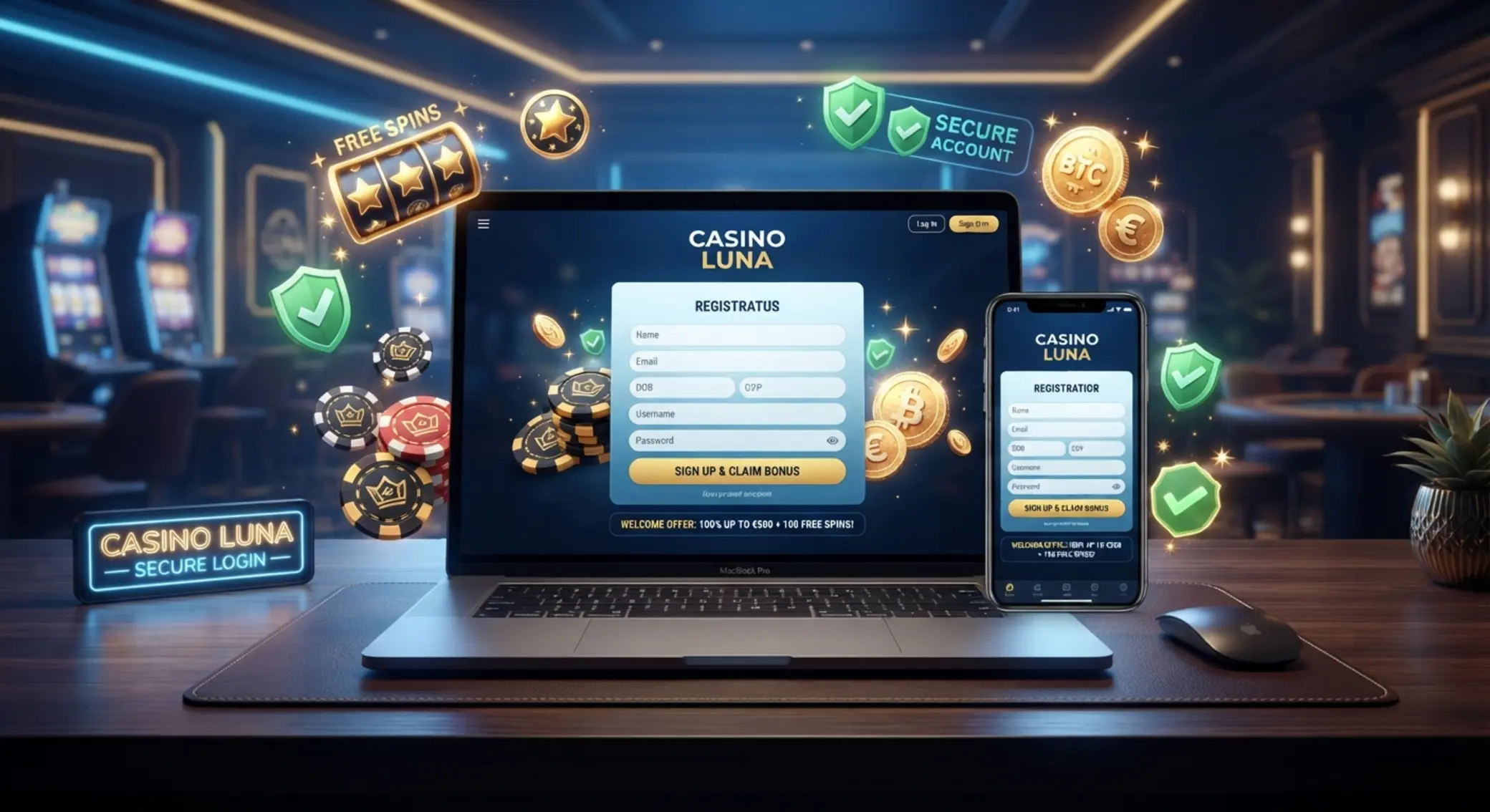 Ekran rejestracji w kasynie online z motywem bonusu